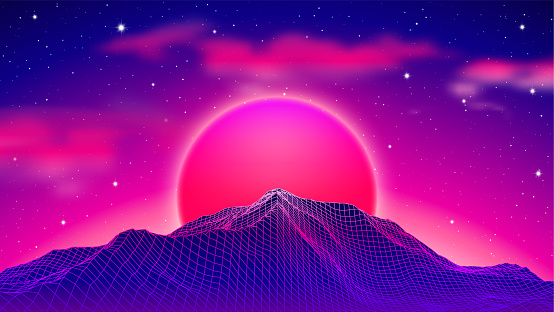80s synthwave styled landscape with blue grid mountains peak and purple sun with clouds