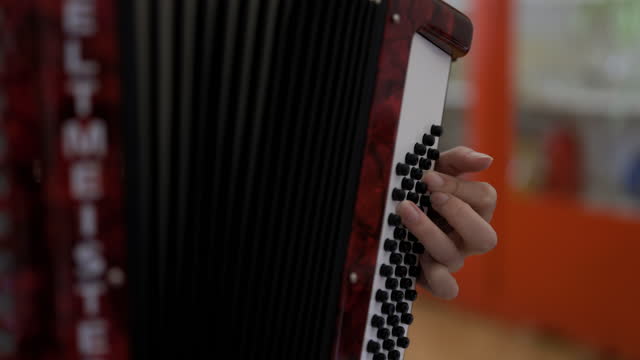 Close-up of a person hands playing accordion indoors