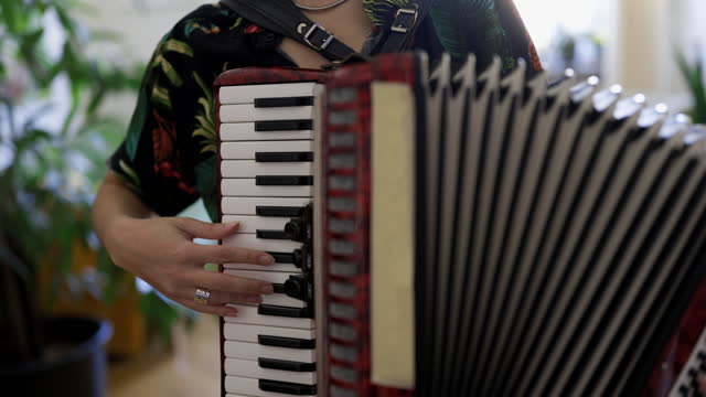 Non-binary person playing accordion