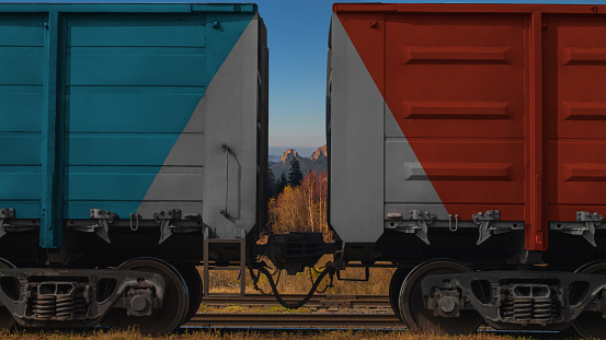 Two freight cars of the train stand in a beautiful place in a mountain forest.