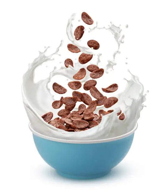 Bowl of chocolate corn flakes with milk splash isolated on white background