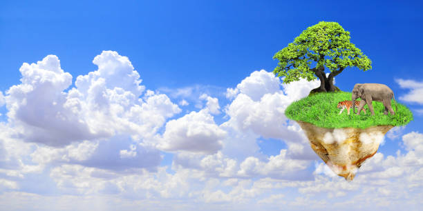 istock Fantasy floating island with green grass, tree, wild animals 1325090896