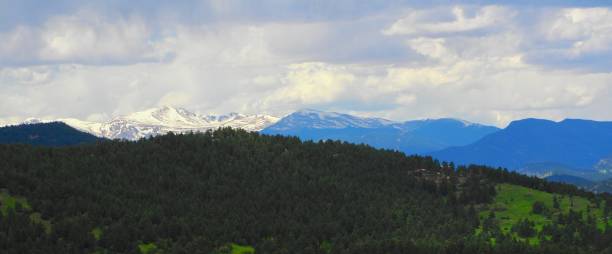 Panoramic Mountain View Wide view of mountain peaks, view from Morrison, Colorado. OLYMPUS DIGITAL CAMERA morrison stock pictures, royalty-free photos & images