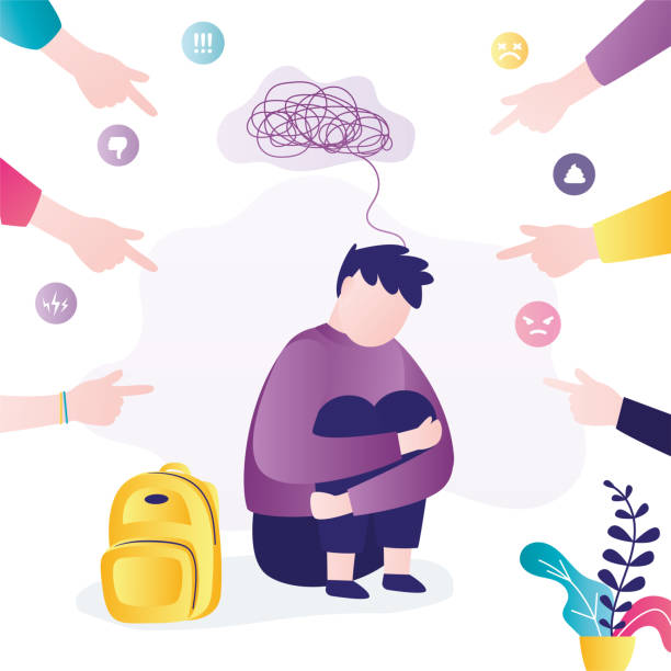 illustrazioni stock, clip art, cartoni animati e icone di tendenza di i compagni di classe prendono in giro e prendono in giro il ragazzo. personaggio maschile seduto sul pavimento circondato da studenti arrabbiati - bullismo