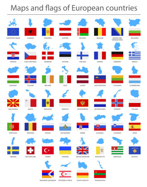ilustraciones, imágenes clip art, dibujos animados e iconos de stock de mapas y banderas de países europeos - luxembourg map cartography flag