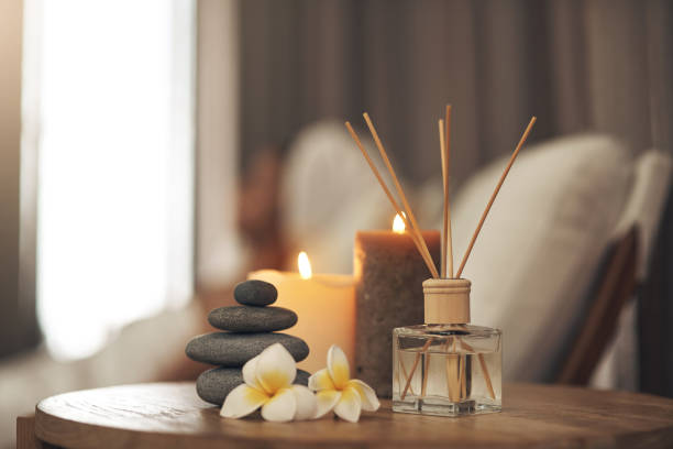 고요한 스파 배열의 정물 클로즈업 - aromatherapy candles 뉴스 사진 이미지