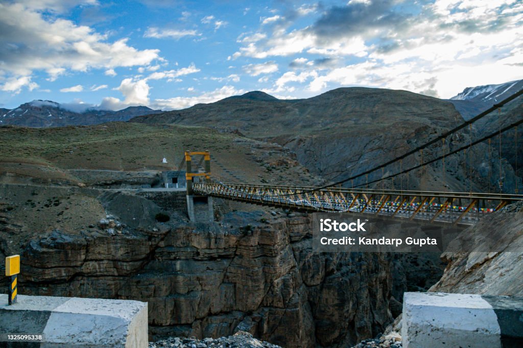 Chicham khas near Kibber Village Chicham Khas village is located in Spiti Tehsil of Lahul & Spiti district in Himachal Pradesh, India. It is situated 166km away from district headquarter Kaza. Bridge - Built Structure Stock Photo