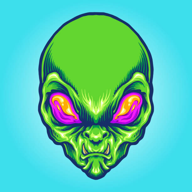 illustrations, cliparts, dessins animés et icônes de green alien head angry mascot illustrations vectorielles pour votre travail logo, mascotte marchandise t-shirt, autocollants et conceptions d’étiquettes, affiche, cartes de vœux publicité entreprise ou marques. - mascot alien space mystery