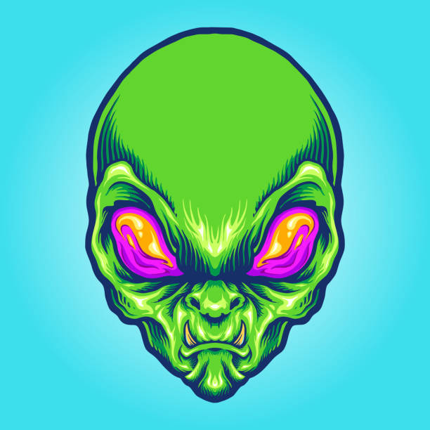 그린 에일리언 헤드 앵그리 마스코트 벡터 일러스트 로고, 마스코트 상품 티셔츠, 스티커 및 라벨 디자인, 포스터, 인사말 카드 광고 비즈니스 회사 또는 브랜드. - mascot alien space mystery stock illustrations