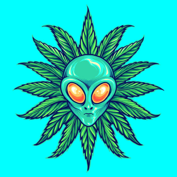 illustrations, cliparts, dessins animés et icônes de alien tropical weed marijuana vector illustrations pour votre travail logo, mascotte marchandise t-shirt, autocollants et conceptions d’étiquettes, affiche, cartes de vœux publicité entreprise ou marques. - mascot alien space mystery