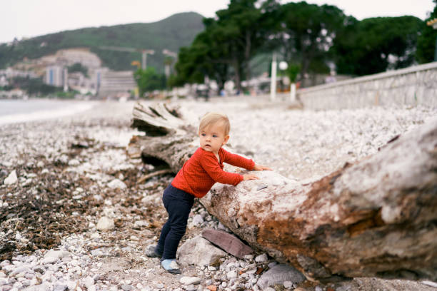 istock Kid stands near the old deck on the pebble beach, turning his head 1325097754