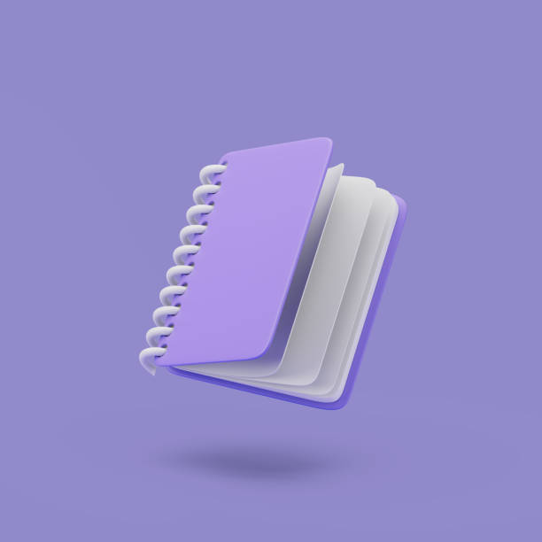 violet empty notepad on pastel background. simple 3d render illustration. - personal organizer illustraties stockfoto's en -beelden