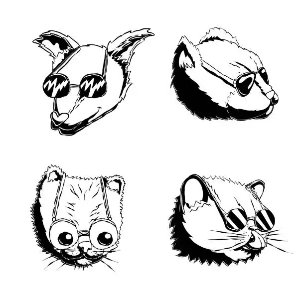 Vector illustration of Hand-drawn funny black and white set of icons - Cat and dog heads with glasses.