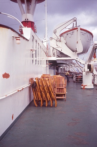 Norwegian coast, 1979. Deck of the old cruise ship Maxsim Gorkiy. Also: ship's crew.