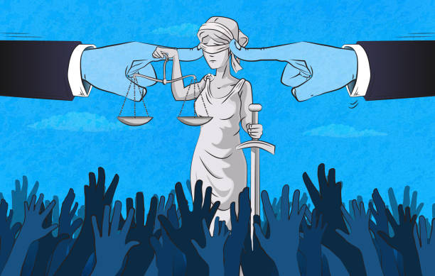 Broken Justice System The giant fingers covers the ears of lady justice. (Used clipping mask) restraining device stock illustrations