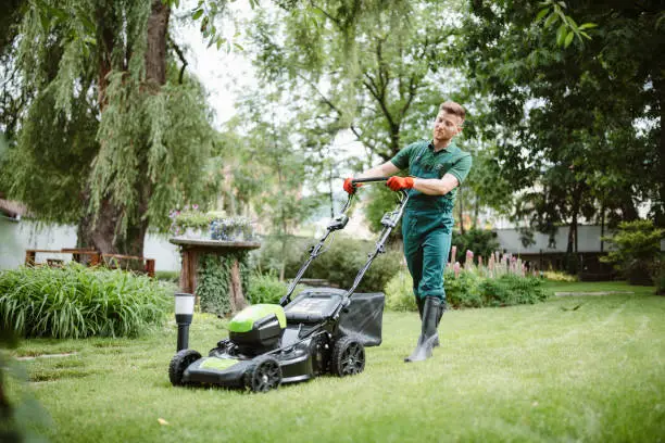 Photo of Gardener Mows The Lawn With An Mower.