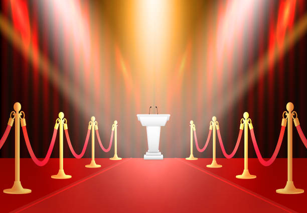 istock Red background with carpet, path barriers 3d and curtain.White podium tribune with microphones. Luxury entrance to vip event or celebrity party isolated on white background. Stock vector background. 1325111564
