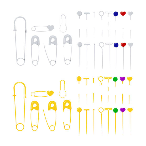 흰색 배경에 격리 된 안�전 철 고정 핀 세트. - safety pin closed open isolated stock illustrations