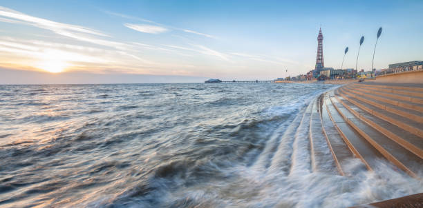 Blackpool High Tide at Sunset, 2021. stock photo