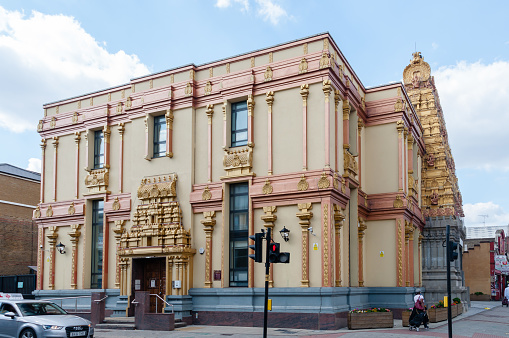 London, United Kingdom, 5 June, 2021: London Sri Mahalakshmi Hindu Temple, was built in 1989 and was consecrated on 2nd February 1990, is located at 241 High street North (Corner of Plashet Grove and High Street North), Manor Park, Newham, London, United Kingdom