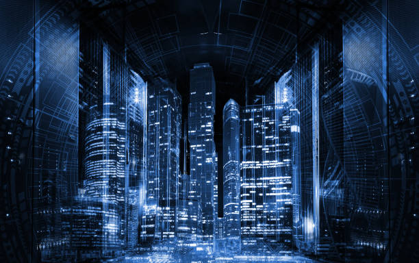 3D rendering Blue panoramic city on black background, technology city connection against the background of the data center stock photo