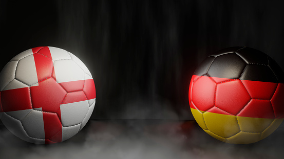 Two soccer balls in flags colors on a black abstract background. England and Germany. 3d image