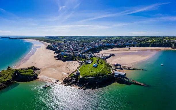 Aerial view of the picturesque Welsh seaside town of Tenby, Pembrokeshire