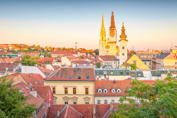 Skyline of downtown Zagreb, Croatia at sunset time