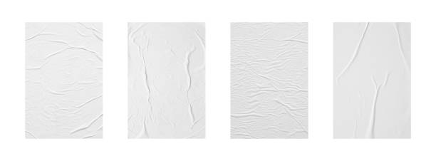 white crumpled and creased glued paper poster set isolated on white background white crumpled and creased glued paper poster set isolated on white background glue stock pictures, royalty-free photos & images