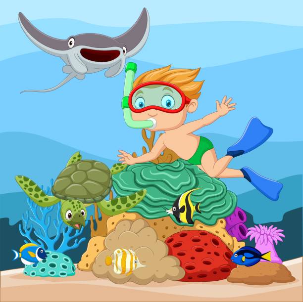 수중 열대 바다에서 다이빙 만화 작은 소년 - 11250 stock illustrations