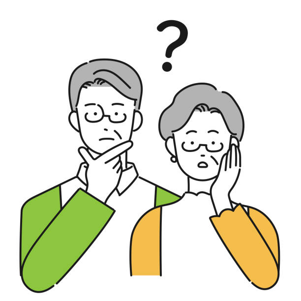 illustrazioni stock, clip art, cartoni animati e icone di tendenza di illustrazione di una coppia senior che pensa - senior adult retirement question mark worried