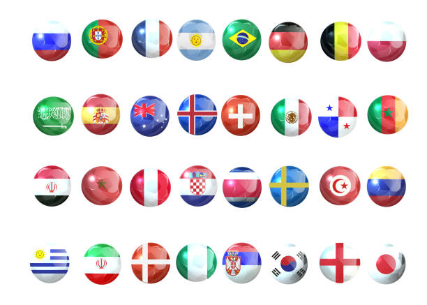 ilustraciones, imágenes clip art, dibujos animados e iconos de stock de bandera nacional de fútbol ball.football torneo . conjunto de banderas nacionales de equipos de fútbol. en la fase de grupos. - world cup