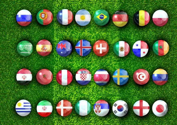 Vector illustration of national flag soccer ball.football tournament . Set of national flags of football teams. on group stage.