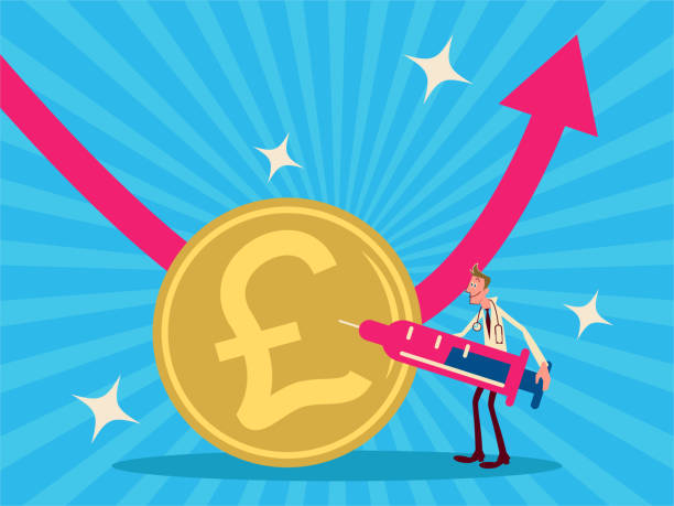 ilustrações de stock, clip art, desenhos animados e ícones de the doctor wearing a stethoscope injects life into the stock market or a business - british currency pound symbol finance recovery