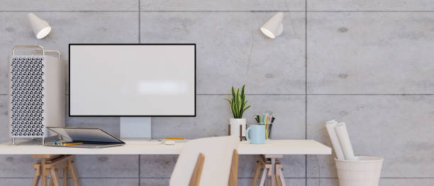 istock Computer device with mock-up screen on the desk with laptop and decorations, 3D render 1325149766