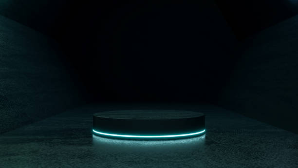 istock Creative dark mock up scene with podium, abstract blue neon futuristic sci-fi design, 3D render 1325149782