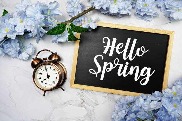 istock Hello Spring text on wooden blackboard and flower decoration on marble background 1325149919