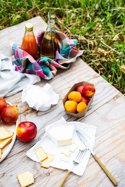 istock Summer picnic vacation. Summertime eco picnic setting, various fruits, cheese and drinks. Copy space, selective focus. 1325152186
