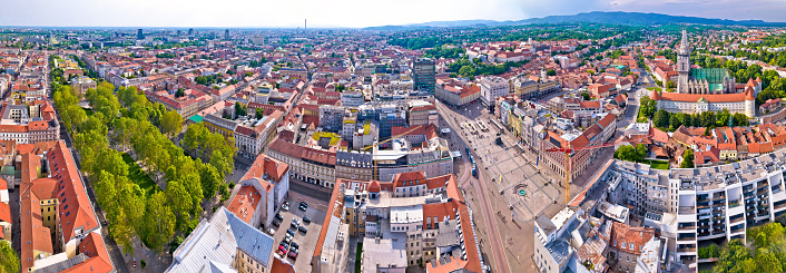 Zagreb historic city center, central square and cathedral aerial view, famous landmarks of capital of Croatia