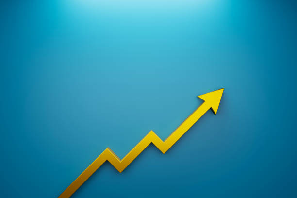 파란색 배경의 화살표 기호 성장. 성공과 성장 개념에 대한 비즈니스 개발. 3d 일러스트레이션 - moving up arrow sign improvement growth 뉴스 사진 이미지