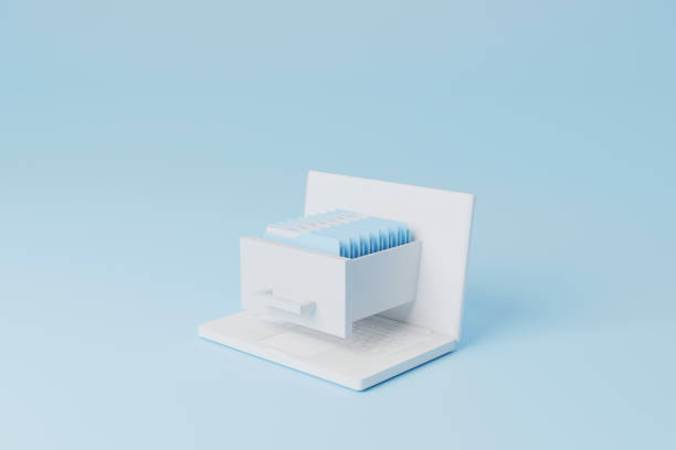 Concept of Data digital storage on cloud. Computer laptop with file folder. 3d illustration