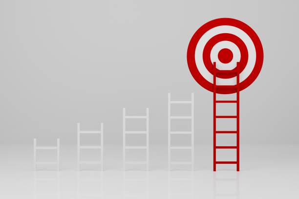istock Stand out from the crowd and think different creative idea concepts. Longest red color ladder growing up growth to aiming high to goal target. 3d illustration 1325159208