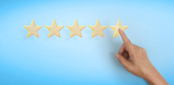 istock Hand of touching rise on increasing five stars. Increase rating evaluation 1325159865