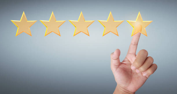 istock Hand of touching rise on increasing five stars. Increase rating evaluation 1325159867