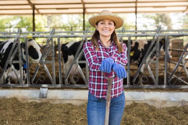 istock Woman farmer posing at cowshed on farm 1325161824