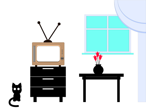 Retro room with TV on a white background.