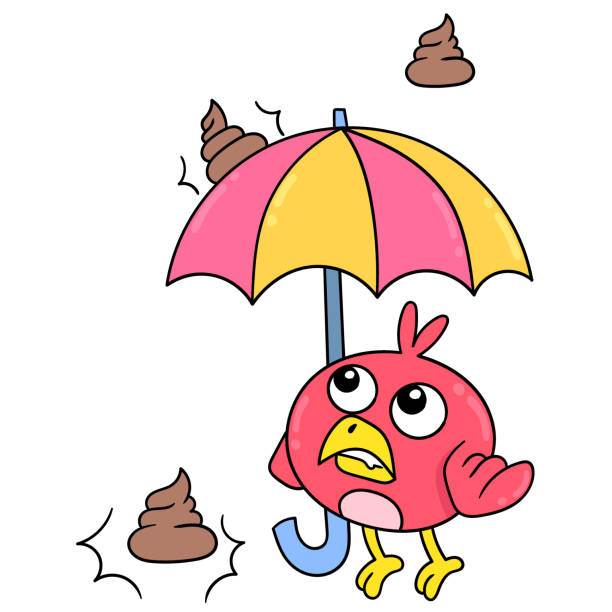 illustrations, cliparts, dessins animés et icônes de bébé oiseau tenant le parapluie évitant le caca de pluie, illustration vectorielle. doodle icône image kawaii. - animal young bird baby chicken chicken