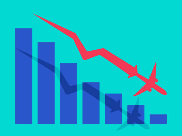 istock Bar graph with red airplane down. The concept of a business or stock crisis 1325165699