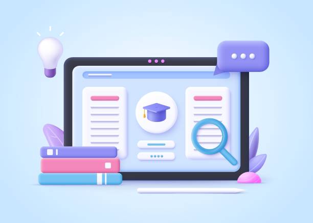 koncept e-learningu, online vzdělávání doma. 3d realistická vektorová ilustrace. - knihovna školní budova stock ilustrace