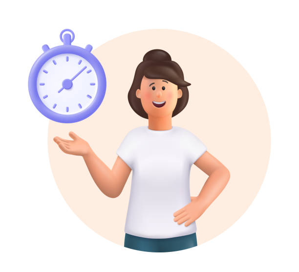 stockillustraties, clipart, cartoons en iconen met young woman jane standing, smiling, pointing to timer. time set, timing, self organization, day planning, time management concept. 3d vector people character illustration. - driedimensionaal illustraties